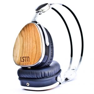 Blue headphones with wooden outsides